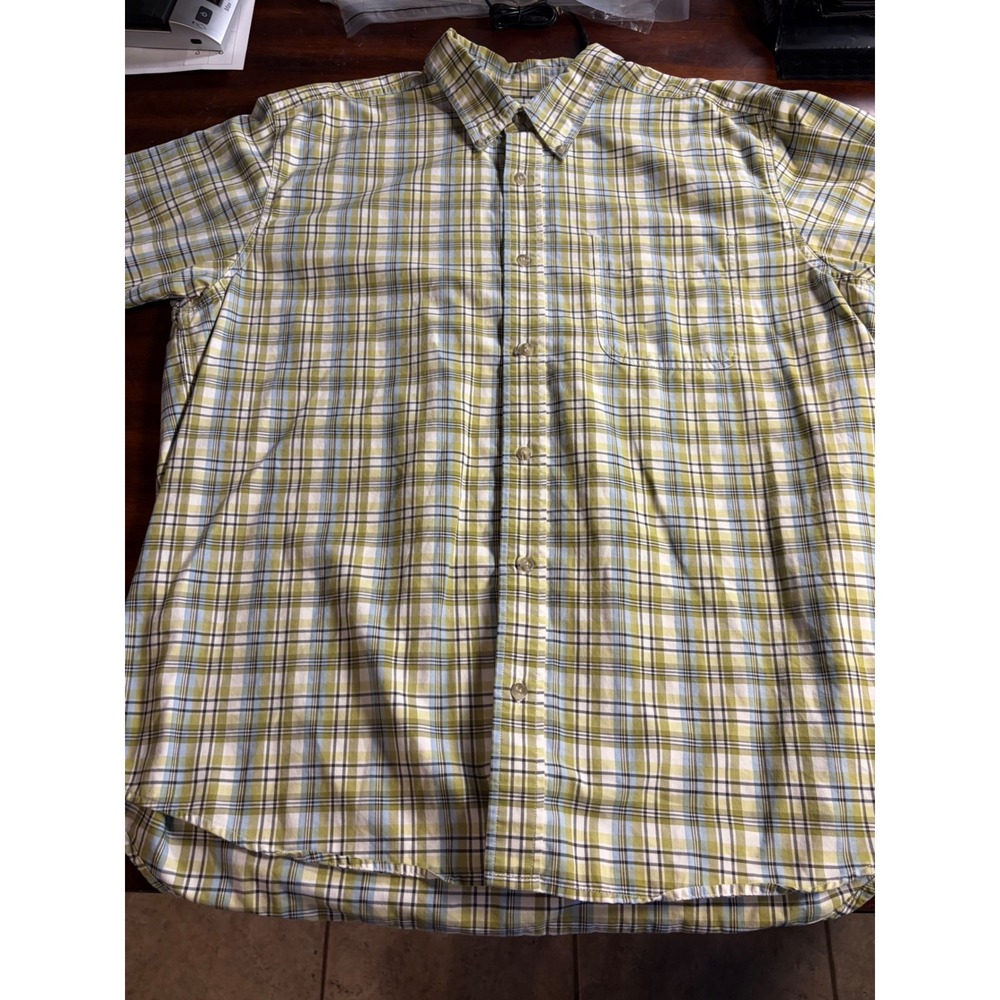 Eddie Bauer Mens XL Relaxed Fit Short Sleeve Button Down Plaid Shirt Green Blue